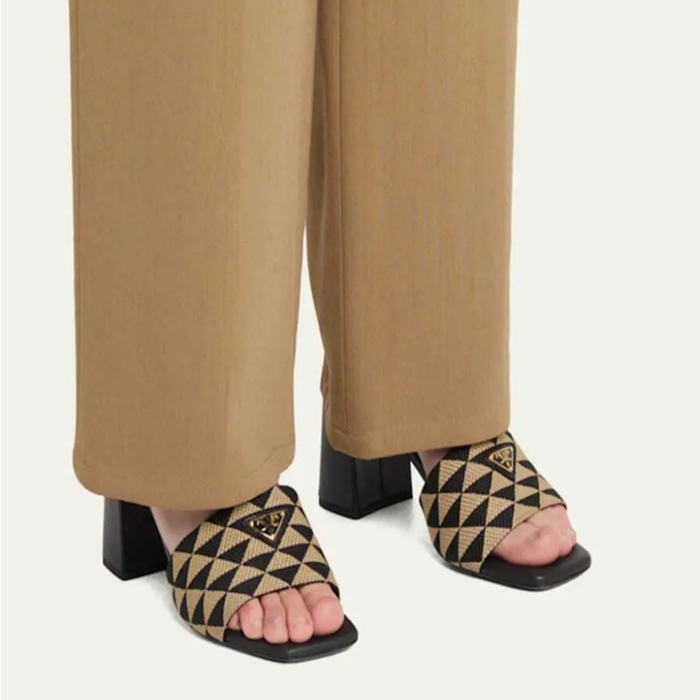 Prada Black Tan Slide Sandals Heeled Mules Jacquard Triangolo Open Toe 7.5 🟡 - Picture 2 of 13